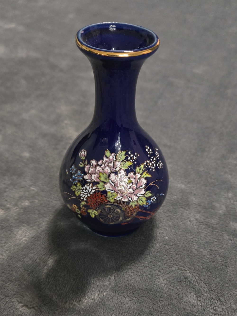 Kutani Vase Cobalt Blue with Gold Accents Flower Cart Japan